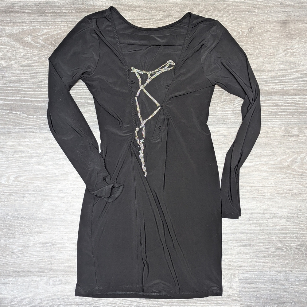 SYMPHONY | chain corseted lace up back little black dress